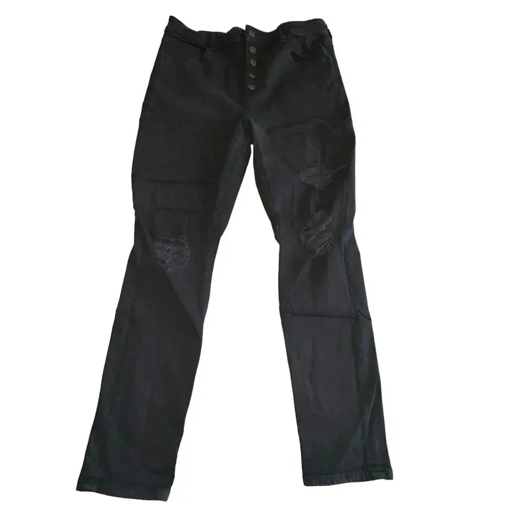 American Eagle size 16 Black Jeans Super Hi-Rise Jeggings Button Fly‎ Distressed